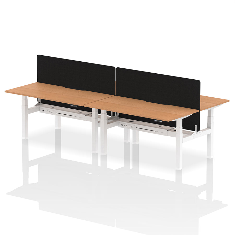 Air Back-to-Back Scalloped Edge Height Adjustable Bench Desk - 4 Person with Black Straight Screen W1600 oak top with white frame