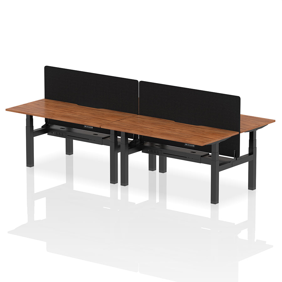 Air Back-to-Back Scalloped Edge Height Adjustable Bench Desk - 4 Person with Black Straight Screen W1600 walnut top with black frame