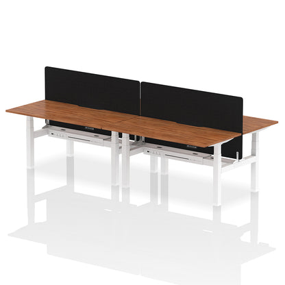 Air Back-to-Back Scalloped Edge Height Adjustable Bench Desk - 4 Person with Black Straight Screen W1600 walnut top with white frame