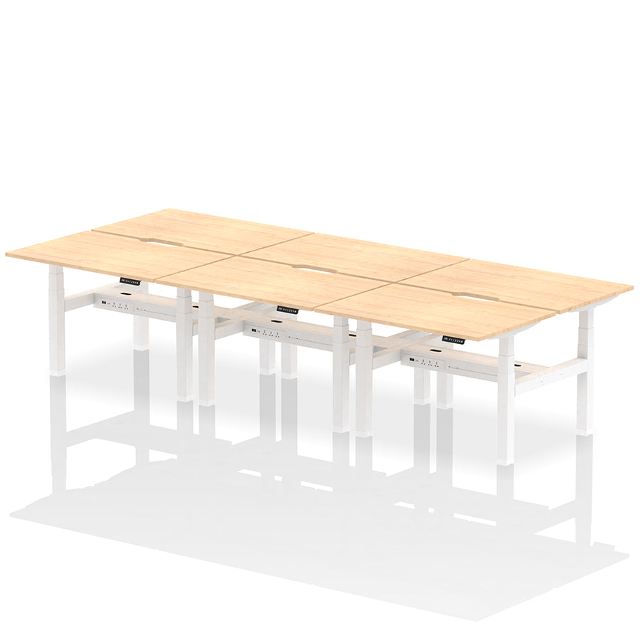 Air Back-to-Back Scalloped Edge Height Adjustable Bench Desk - 6 Person W1200mm maple top with white frame