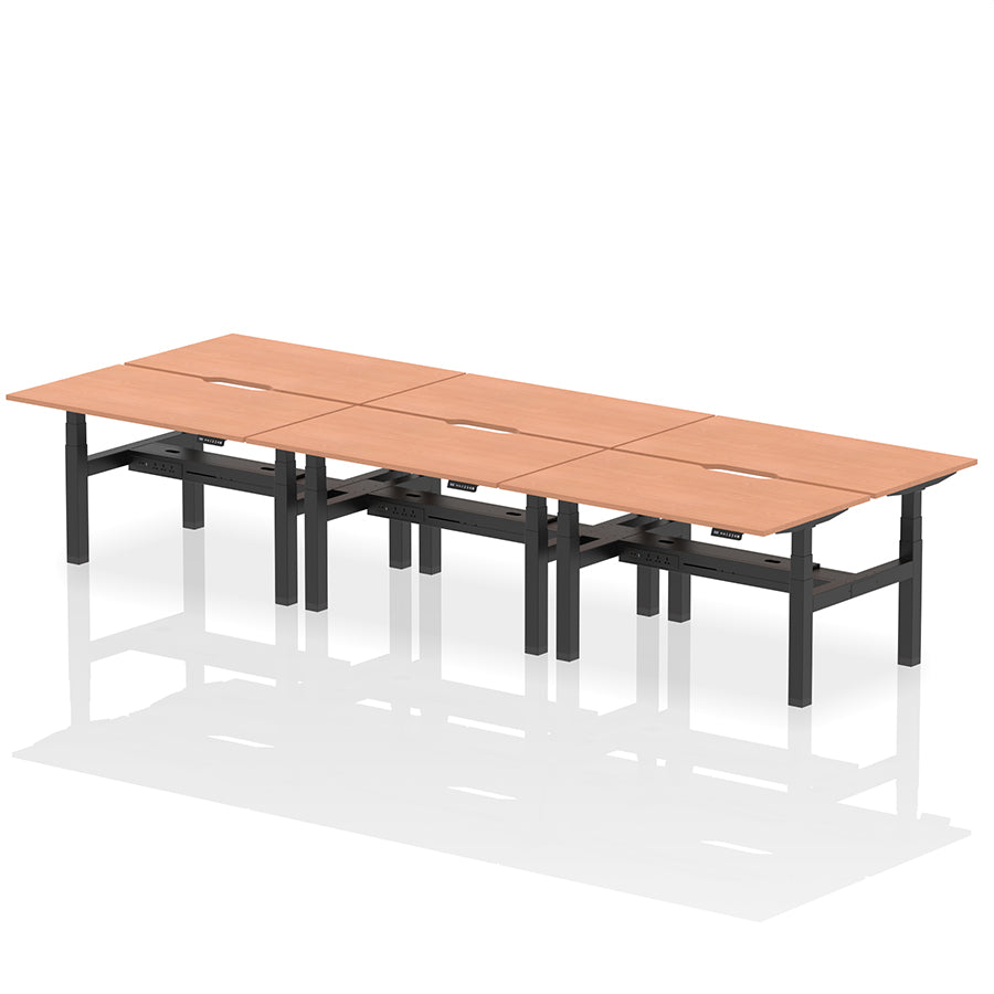 Air Back-to-Back Scalloped Edge Height Adjustable Bench Desk - 6 Person W1400mm beech top with black frame