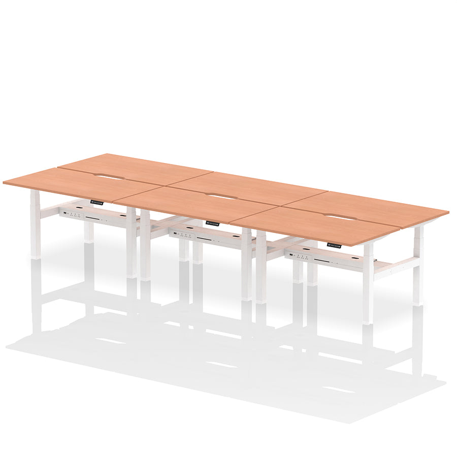 Air Back-to-Back Scalloped Edge Height Adjustable Bench Desk - 6 Person W1400mm beech top with white frame