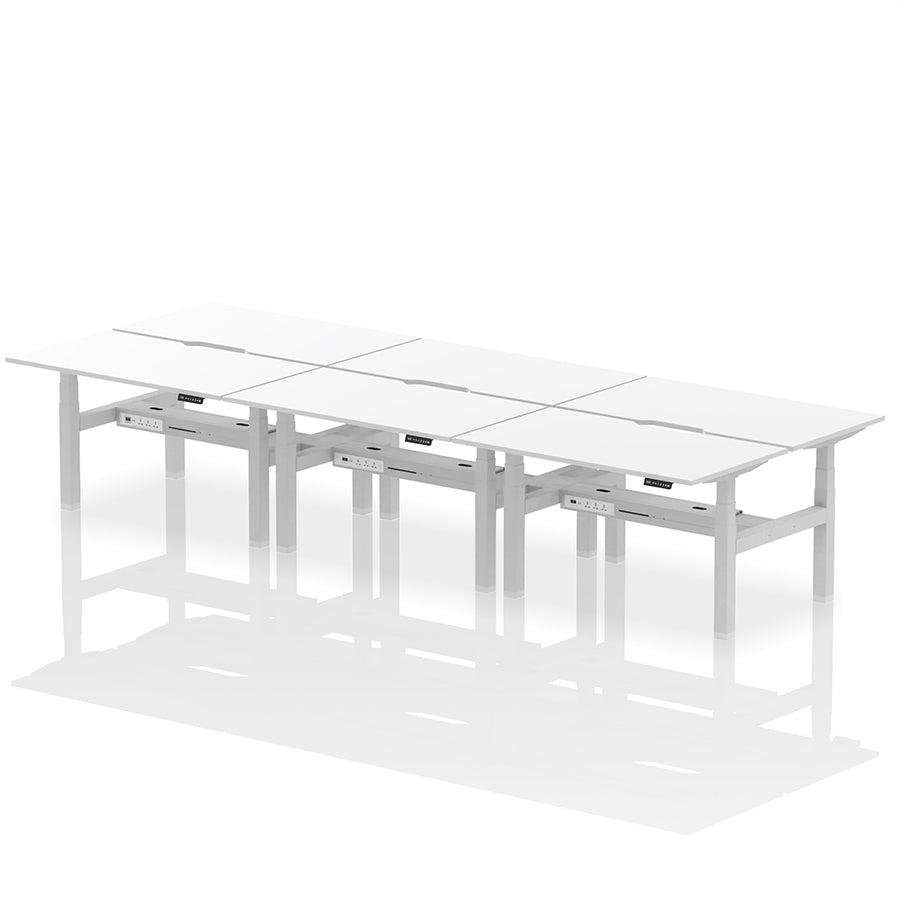 Air Back-to-Back Scalloped Edge Height Adjustable Bench Desk - 6 Person W1400mm white top with silver frame
