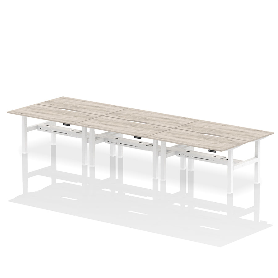 Air Back-to-Back Scalloped Edge Height Adjustable Bench Desk - 6 Person W1600mm grey oak top with white frame