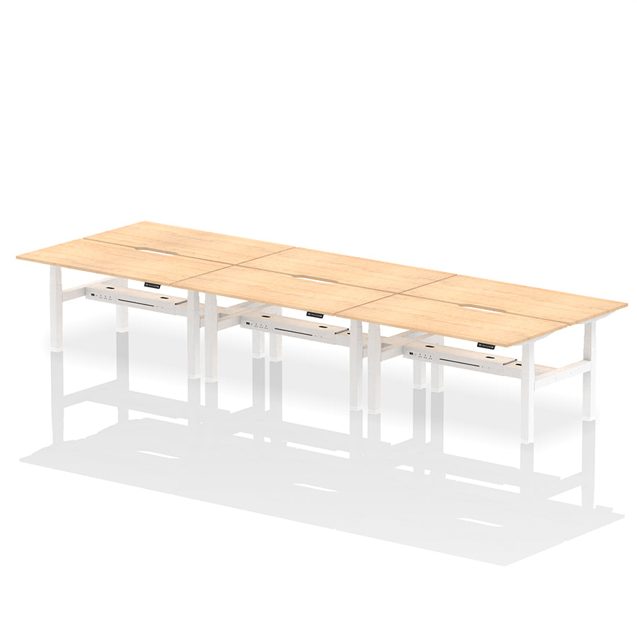 Air Back-to-Back Scalloped Edge Height Adjustable Bench Desk - 6 Person W1600mm maple top with white frame