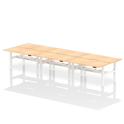 Air Back-to-Back Scalloped Edge Height Adjustable Bench Desk - 6 Person W1600mm maple top with white frame