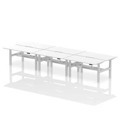 Air Back-to-Back Scalloped Edge Height Adjustable Bench Desk - 6 Person W1600mm white top with silver frame