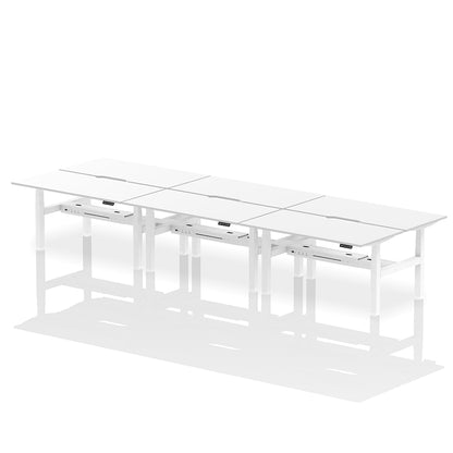 Air Back-to-Back Scalloped Edge Height Adjustable Bench Desk - 6 Person W1600mm white top with white frame