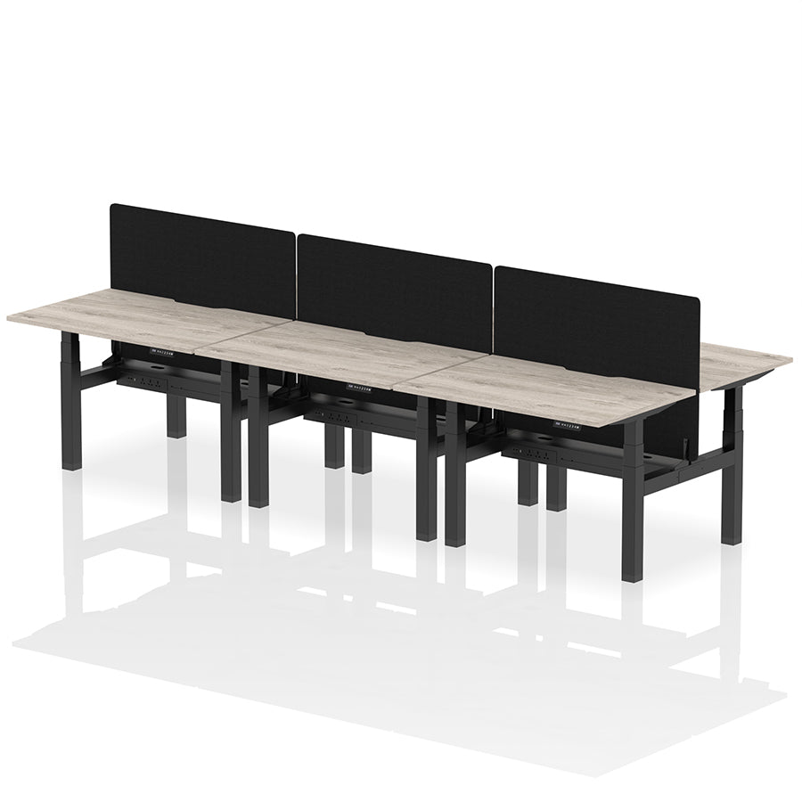 Air Back-to-Back Scalloped Edge Height Adjustable Bench Desk - 6 Person with Black Straight Screen W1200mm grey oak top with black frame