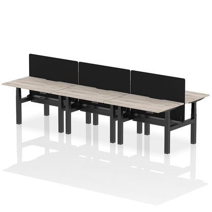 Air Back-to-Back Scalloped Edge Height Adjustable Bench Desk - 6 Person with Black Straight Screen W1200mm grey oak top with black frame