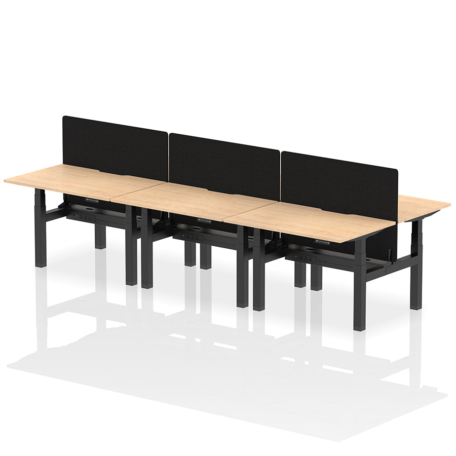 Air Back-to-Back Scalloped Edge Height Adjustable Bench Desk - 6 Person with Black Straight Screen W1200mm maple top with black frame