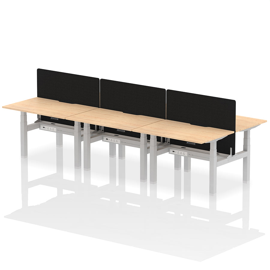 Air Back-to-Back Scalloped Edge Height Adjustable Bench Desk - 6 Person with Black Straight Screen W1200mm maple top with silver frame