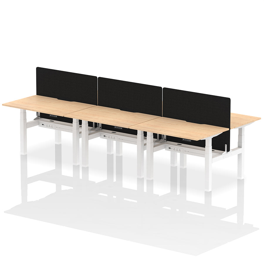 Air Back-to-Back Scalloped Edge Height Adjustable Bench Desk - 6 Person with Black Straight Screen W1200mm maple top with white frame