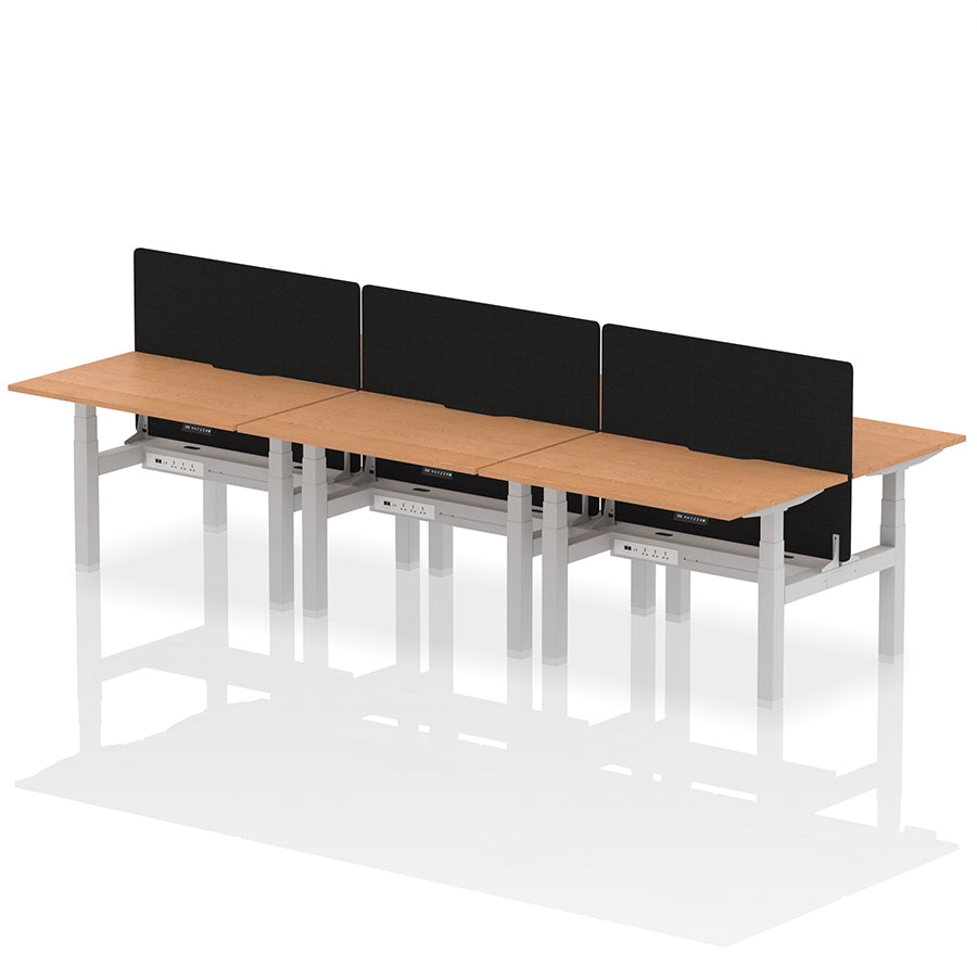 Air Back-to-Back Scalloped Edge Height Adjustable Bench Desk - 6 Person with Black Straight Screen W1200mm oak top with silver frame