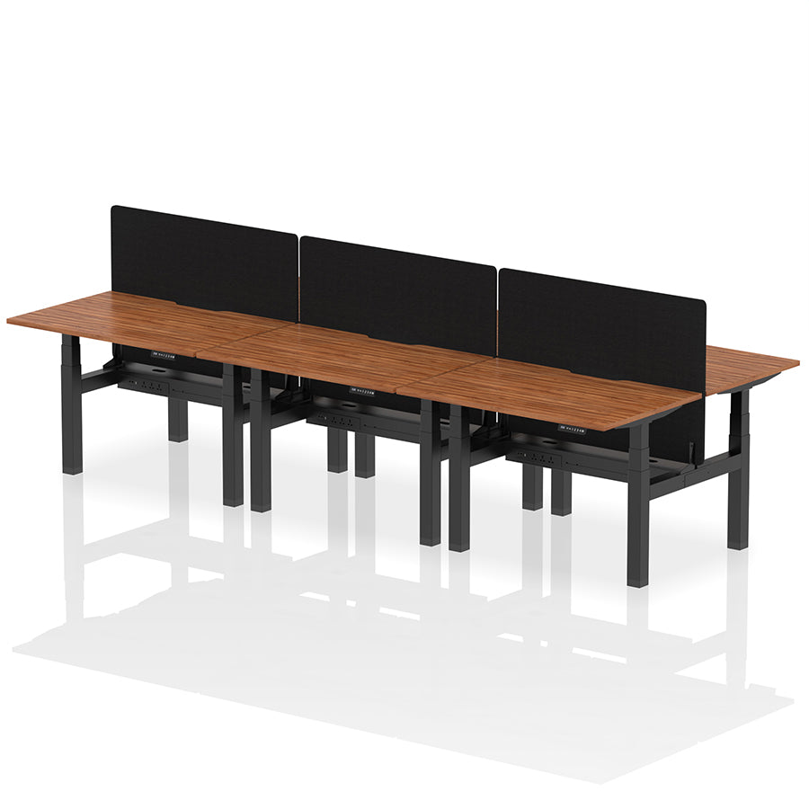 Air Back-to-Back Scalloped Edge Height Adjustable Bench Desk - 6 Person with Black Straight Screen W1200mm walnut top with black frame