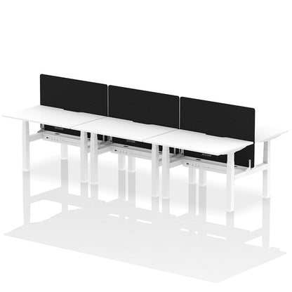 Air Back-to-Back Scalloped Edge Height Adjustable Bench Desk - 6 Person with Black Straight Screen W1200mm white top with white frame