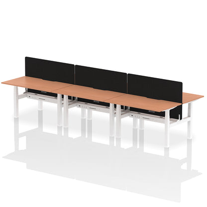 Air Back-to-Back Scalloped Edge Height Adjustable Bench Desk - 6 Person with Black Straight Screen W1400mm beech top with white frame