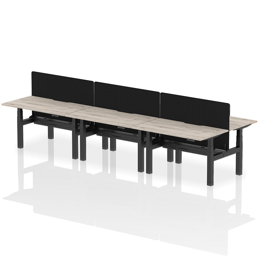 Air Back-to-Back Scalloped Edge Height Adjustable Bench Desk - 6 Person with Black Straight Screen W1400mm grey oak top with black frame