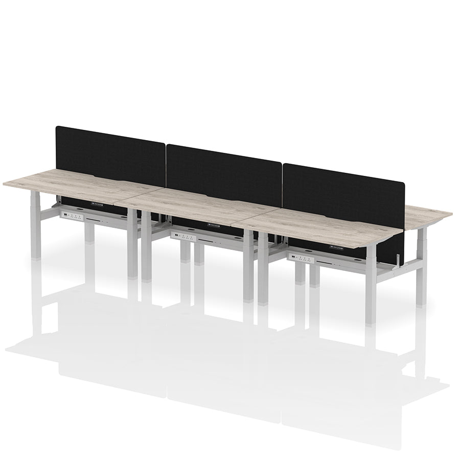 Air Back-to-Back Scalloped Edge Height Adjustable Bench Desk - 6 Person with Black Straight Screen W1400mm grey oak top with silver frame