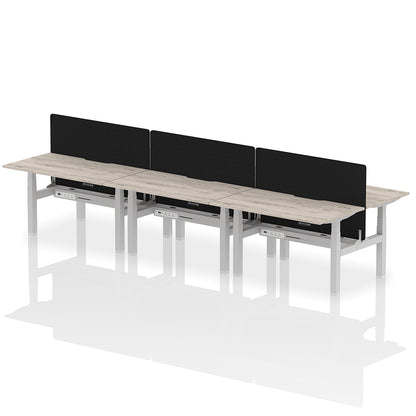 Air Back-to-Back Scalloped Edge Height Adjustable Bench Desk - 6 Person with Black Straight Screen W1400mm grey oak top with silver frame