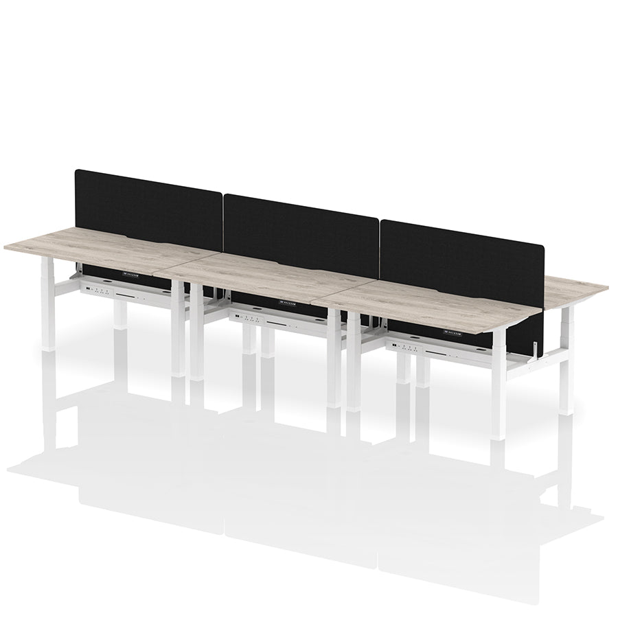 Air Back-to-Back Scalloped Edge Height Adjustable Bench Desk - 6 Person with Black Straight Screen W1400mm grey oak top with white frame