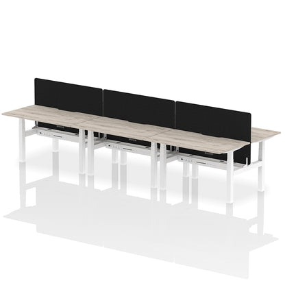 Air Back-to-Back Scalloped Edge Height Adjustable Bench Desk - 6 Person with Black Straight Screen W1400mm grey oak top with white frame
