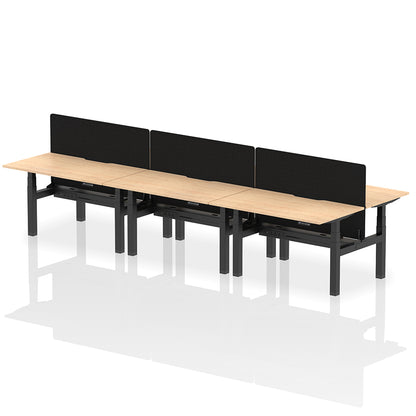 Air Back-to-Back Scalloped Edge Height Adjustable Bench Desk - 6 Person with Black Straight Screen W1400mm maple top with black frame