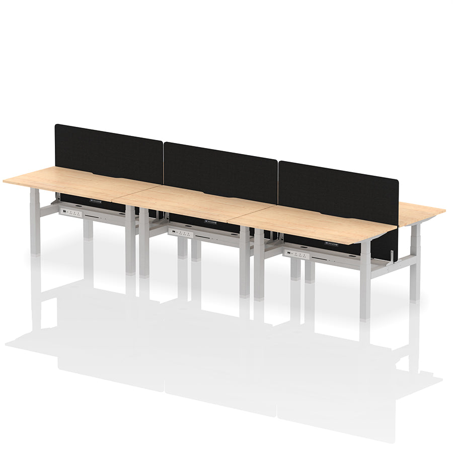 Air Back-to-Back Scalloped Edge Height Adjustable Bench Desk - 6 Person with Black Straight Screen W1400mm maple top with silver frame
