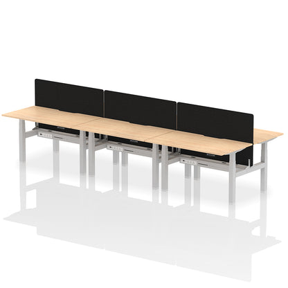 Air Back-to-Back Scalloped Edge Height Adjustable Bench Desk - 6 Person with Black Straight Screen W1400mm maple top with silver frame