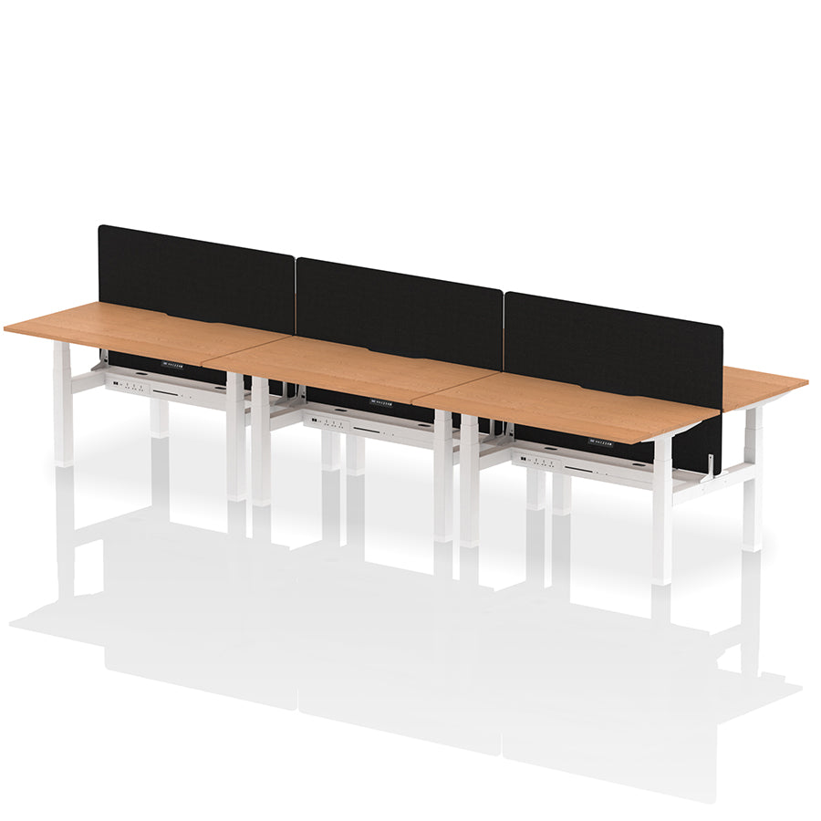 Air Back-to-Back Scalloped Edge Height Adjustable Bench Desk - 6 Person with Black Straight Screen W1400mm oak top with white frame