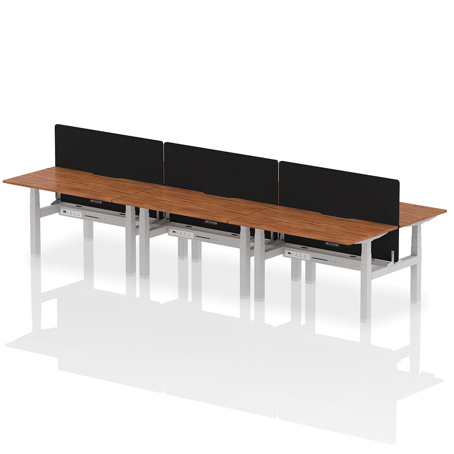 Air Back-to-Back Scalloped Edge Height Adjustable Bench Desk - 6 Person with Black Straight Screen W1400mm walnut top with silver frame