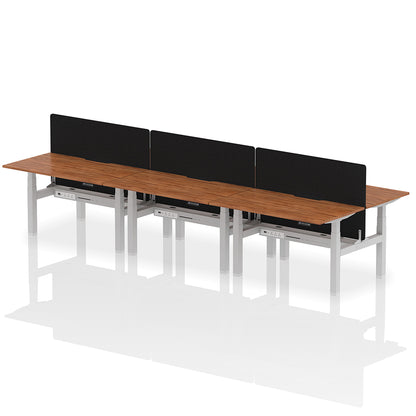 Air Back-to-Back Scalloped Edge Height Adjustable Bench Desk - 6 Person with Black Straight Screen W1400mm walnut top with silver frame