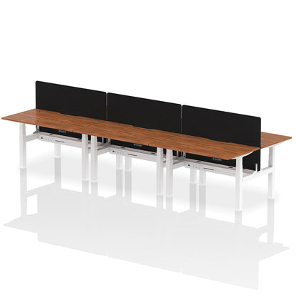Air Back-to-Back Scalloped Edge Height Adjustable Bench Desk - 6 Person with Black Straight Screen W1400mm walnut top with white frame