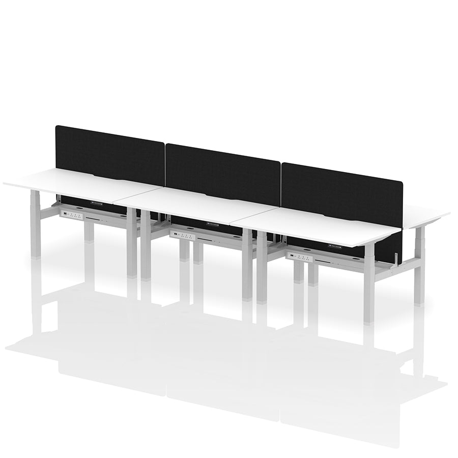Air Back-to-Back Scalloped Edge Height Adjustable Bench Desk - 6 Person with Black Straight Screen W1400mm white top with silver frame
