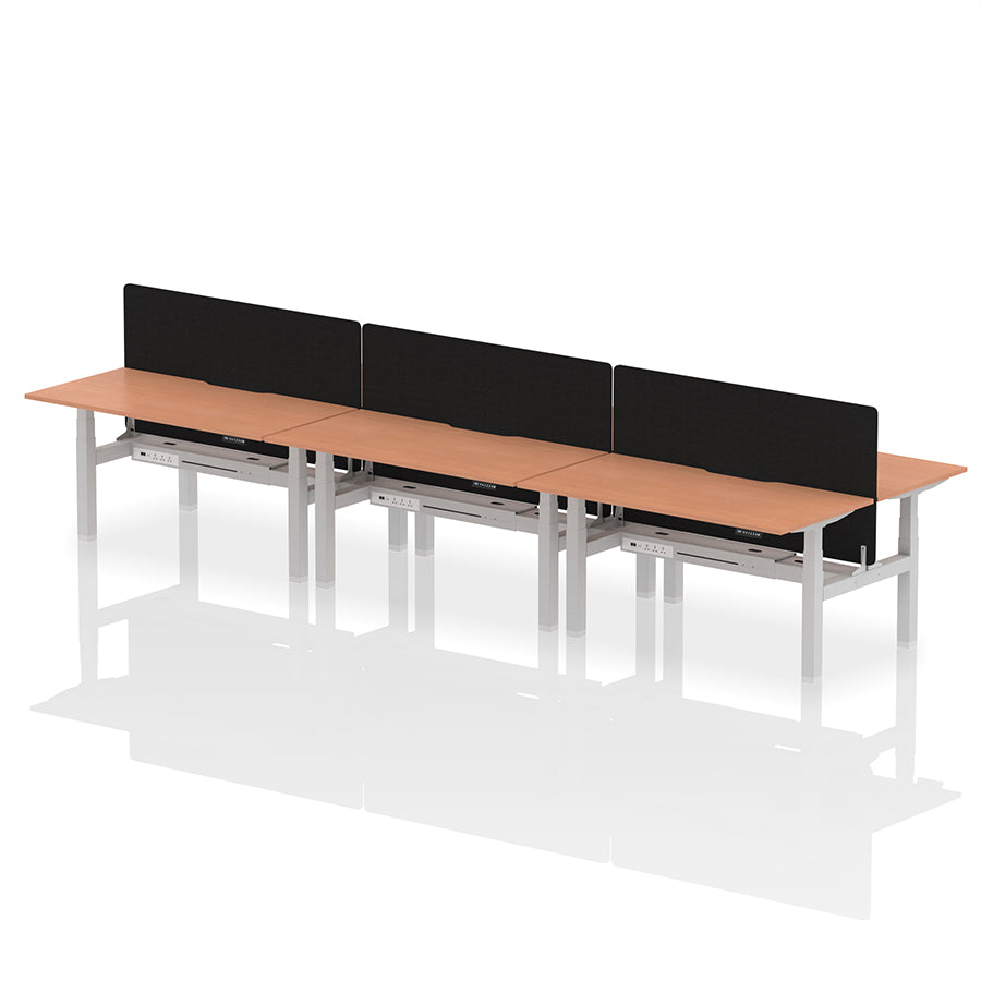 Air Back-to-Back Scalloped Edge Height Adjustable Bench Desk - 6 Person with Black Straight Screen W1600mm beech top with silver frame