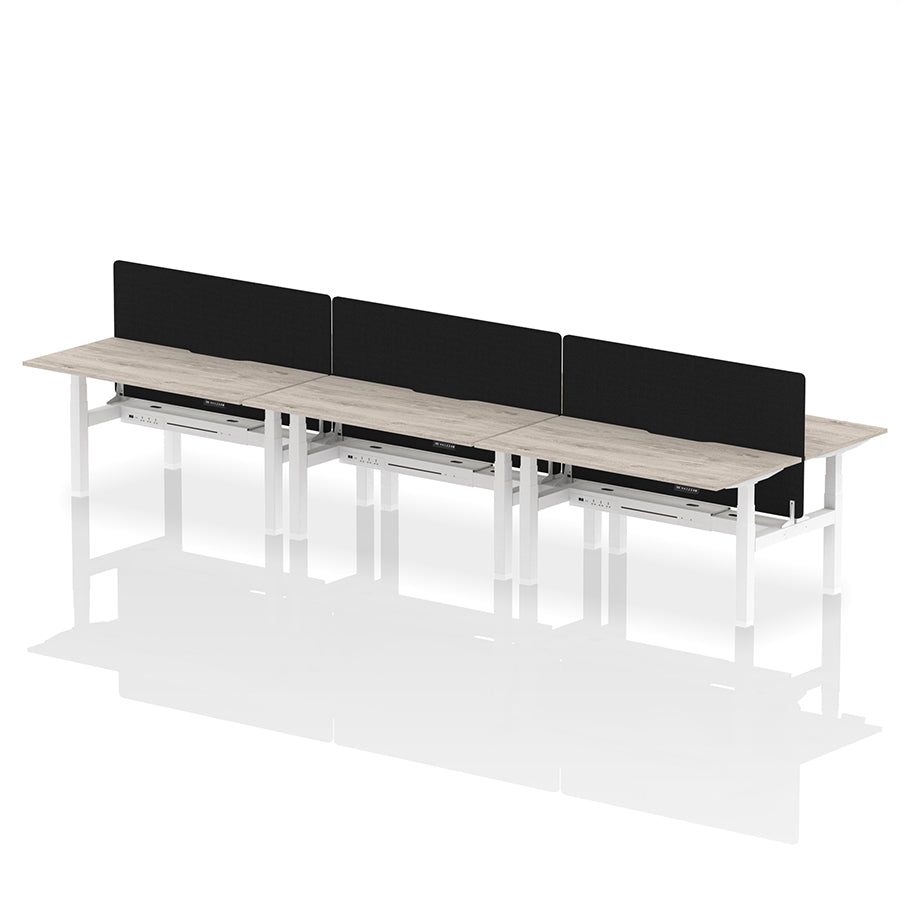 Air Back-to-Back Scalloped Edge Height Adjustable Bench Desk - 6 Person with Black Straight Screen W1600mm grey oak top with white frame