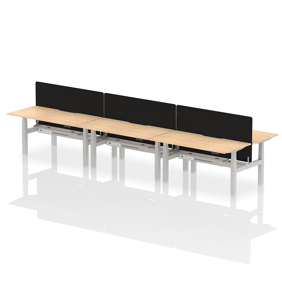 Air Back-to-Back Scalloped Edge Height Adjustable Bench Desk - 6 Person with Black Straight Screen W1600mm maple top with silver frame