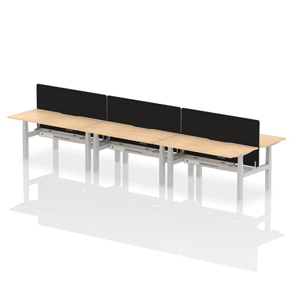 Air Back-to-Back Scalloped Edge Height Adjustable Bench Desk - 6 Person with Black Straight Screen W1600mm maple top with silver frame