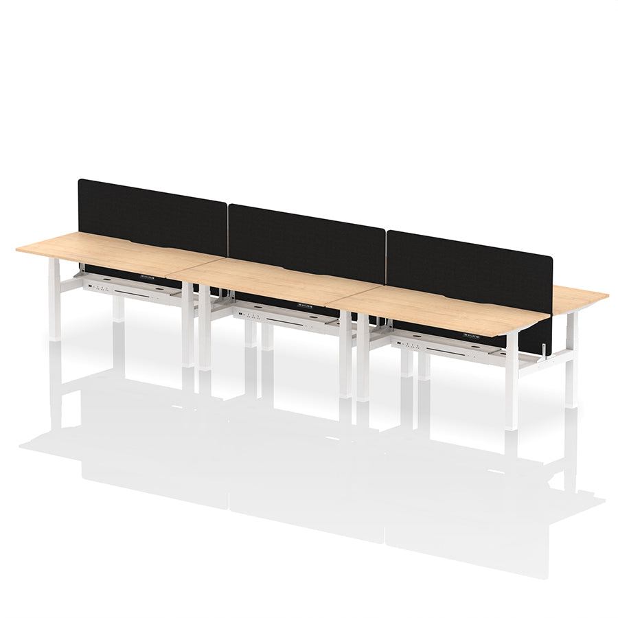 Air Back-to-Back Scalloped Edge Height Adjustable Bench Desk - 6 Person with Black Straight Screen W1600mm maple top with white frame