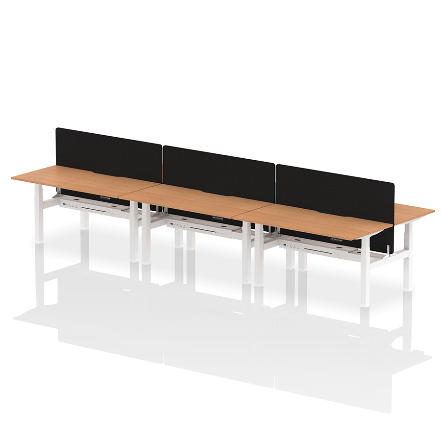 Air Back-to-Back Scalloped Edge Height Adjustable Bench Desk - 6 Person with Black Straight Screen W1600mm oak top with white frame