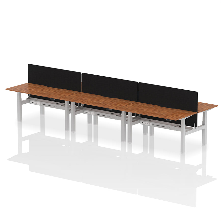 Air Back-to-Back Scalloped Edge Height Adjustable Bench Desk - 6 Person with Black Straight Screen W1600mm walnut top with silver frame