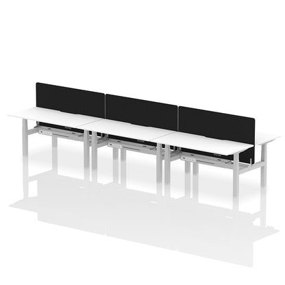 Air Back-to-Back Scalloped Edge Height Adjustable Bench Desk - 6 Person with Black Straight Screen W1600mm white top with silver frame