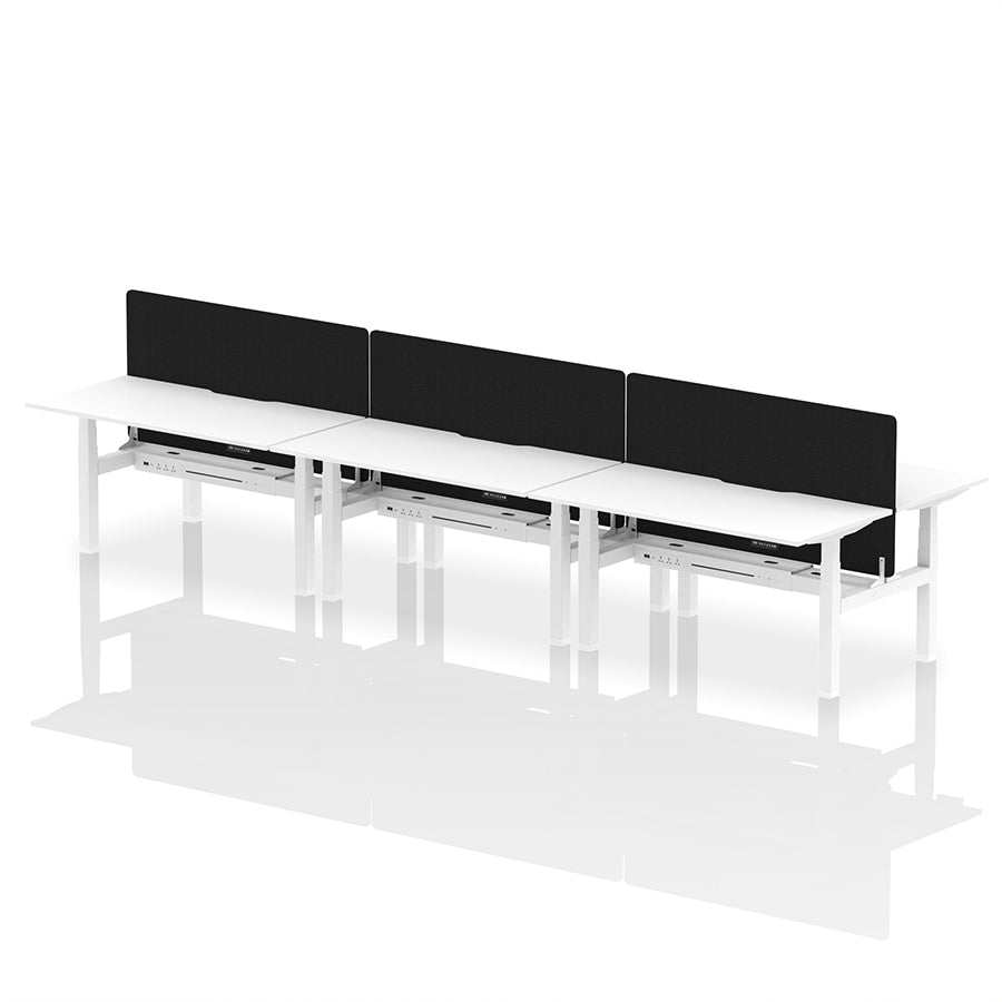 Air Back-to-Back Scalloped Edge Height Adjustable Bench Desk - 6 Person with Black Straight Screen W1600mm white top with white frame