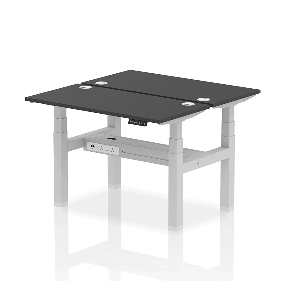 Air Back-to-Back Slimline Height Adjustable Bench Desk - 2 Person with cable ports W1200mm black top with silver frame