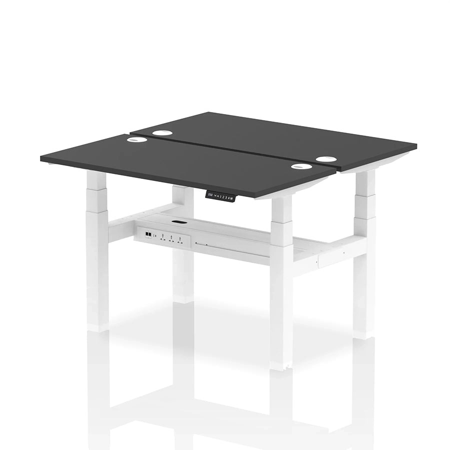 Air Back-to-Back Slimline Height Adjustable Bench Desk - 2 Person with cable ports W1200mm black top with white frame