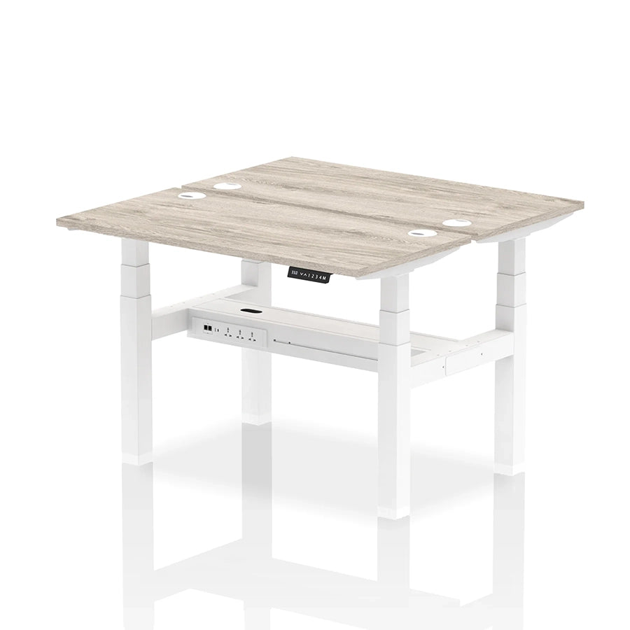 Air Back-to-Back Slimline Height Adjustable Bench Desk - 2 Person with cable ports W1200mm grey oak top with white frame
