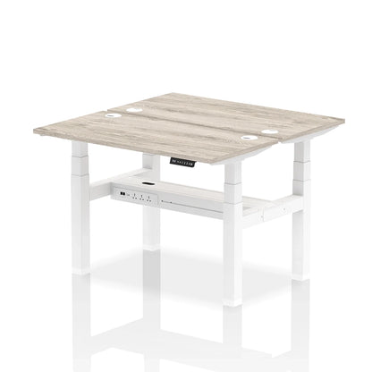 Air Back-to-Back Slimline Height Adjustable Bench Desk - 2 Person with cable ports W1200mm grey oak top with white frame