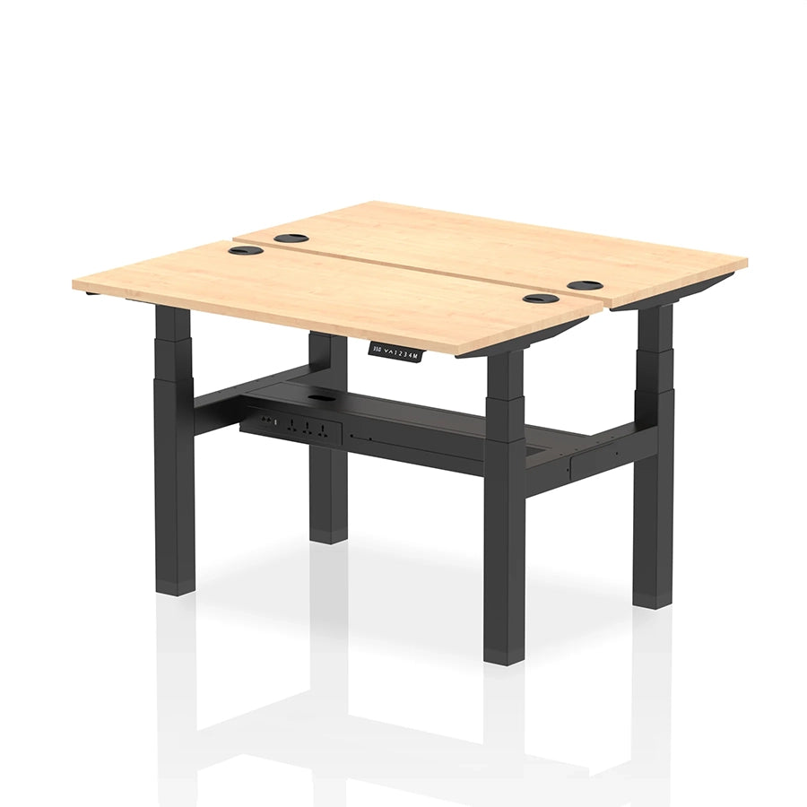 Air Back-to-Back Slimline Height Adjustable Bench Desk - 2 Person with cable ports W1200mm maple top with black frame