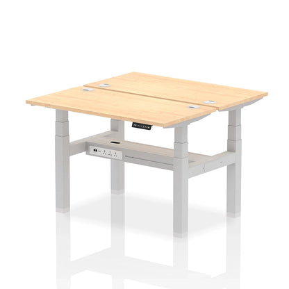 Air Back-to-Back Slimline Height Adjustable Bench Desk - 2 Person with cable ports W1200mm maple top with silver frame
