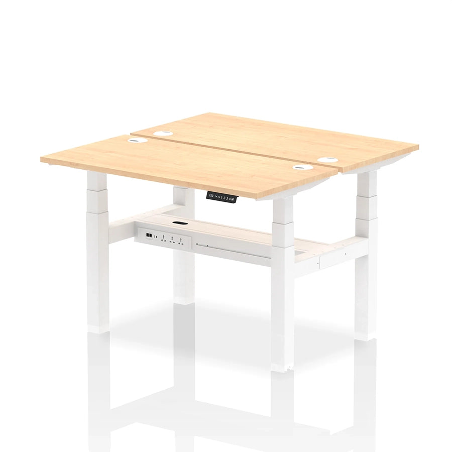 Air Back-to-Back Slimline Height Adjustable Bench Desk - 2 Person with cable ports W1200mm maple top with white frame